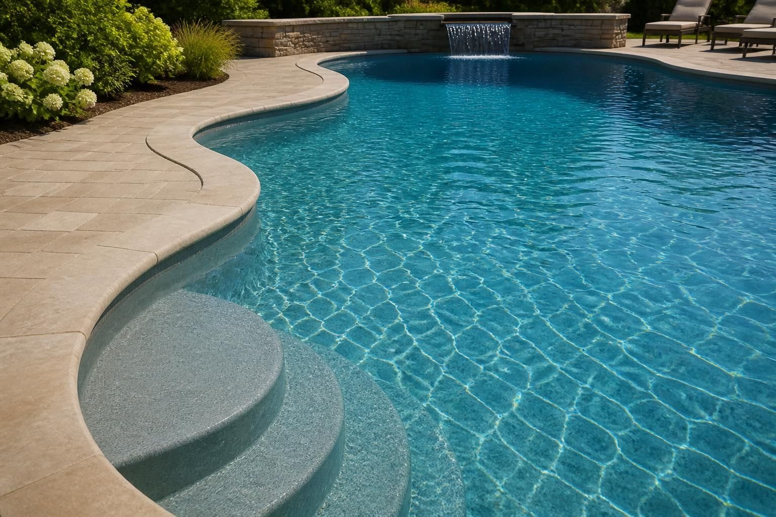 Finished gunite pool with sculpted shape and smooth plaster.