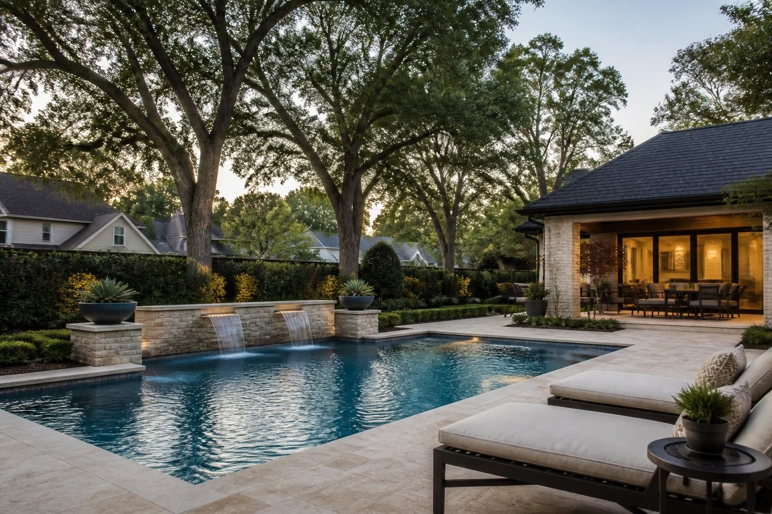 Hedwig Village homes with mature trees and a refined backyard pool landscape.
