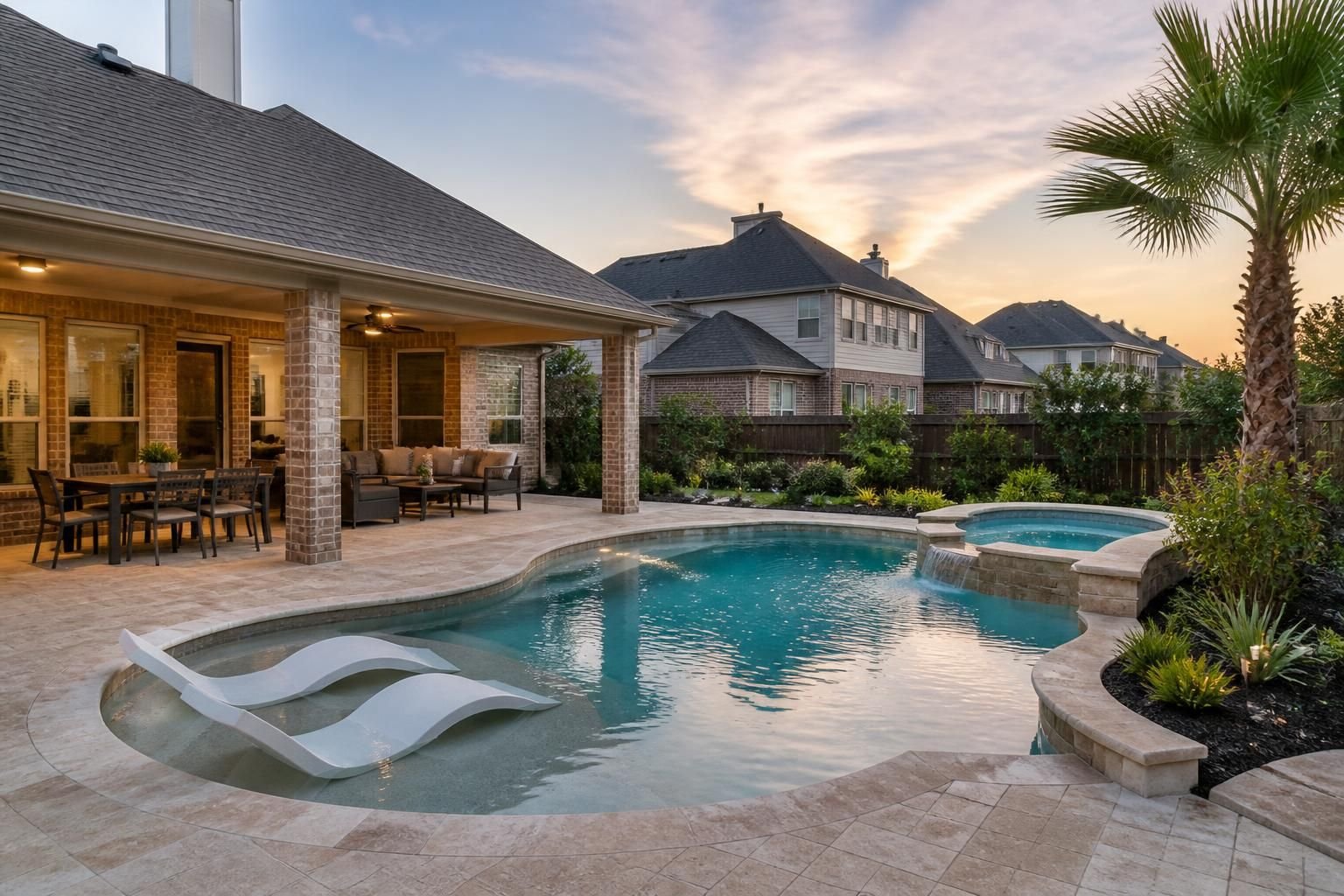 Suburban Katy neighborhood with a visible backyard pool oasis.