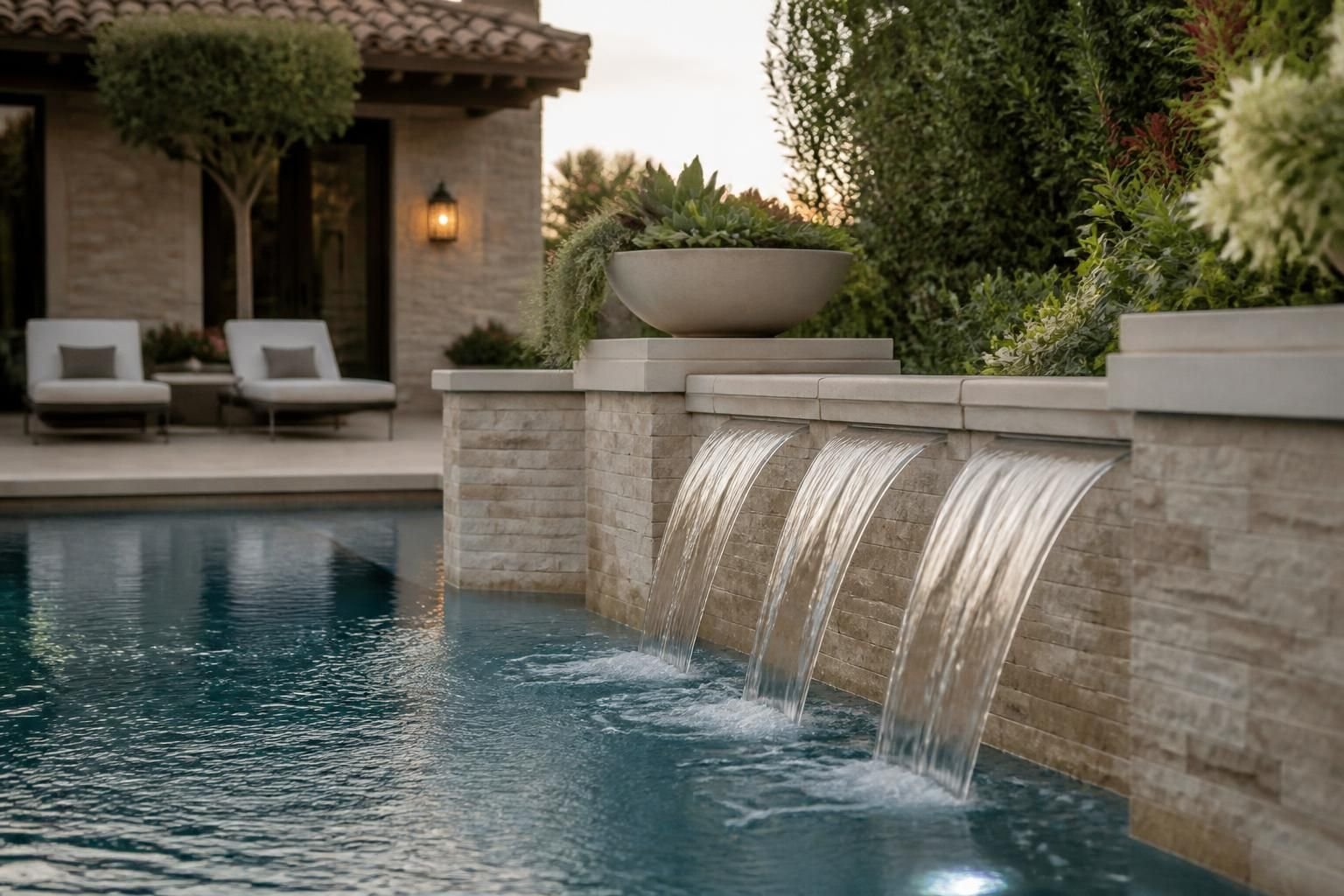 Luxury pool with premium stone finishes and elegant water features.
