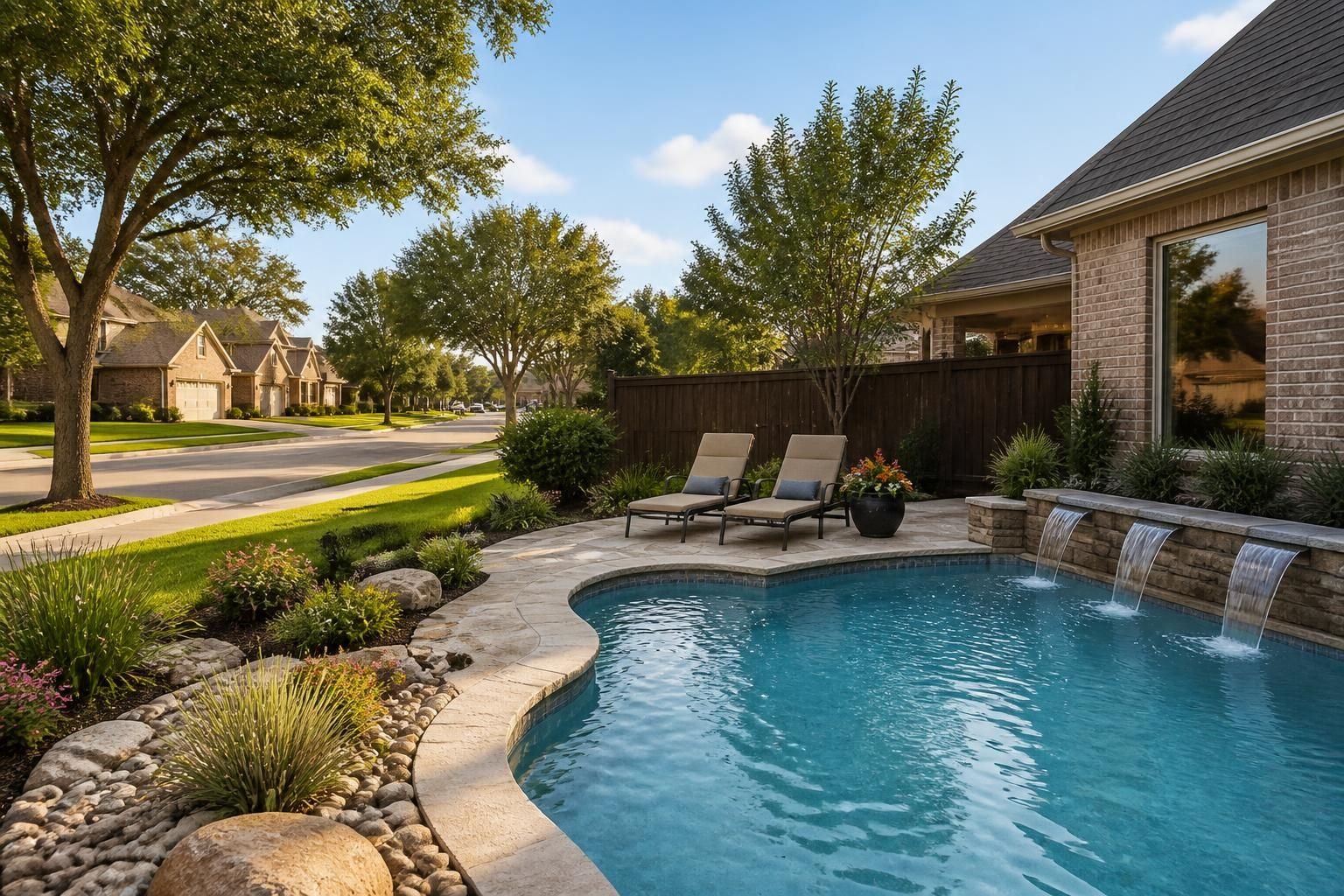 Mission Bend neighborhood with a tidy street and finished backyard pool.