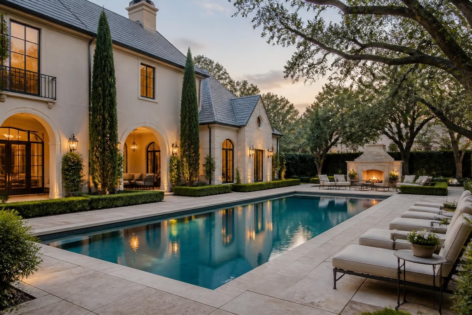 Piney Point Village home with manicured landscaping and a sophisticated pool courtyard.