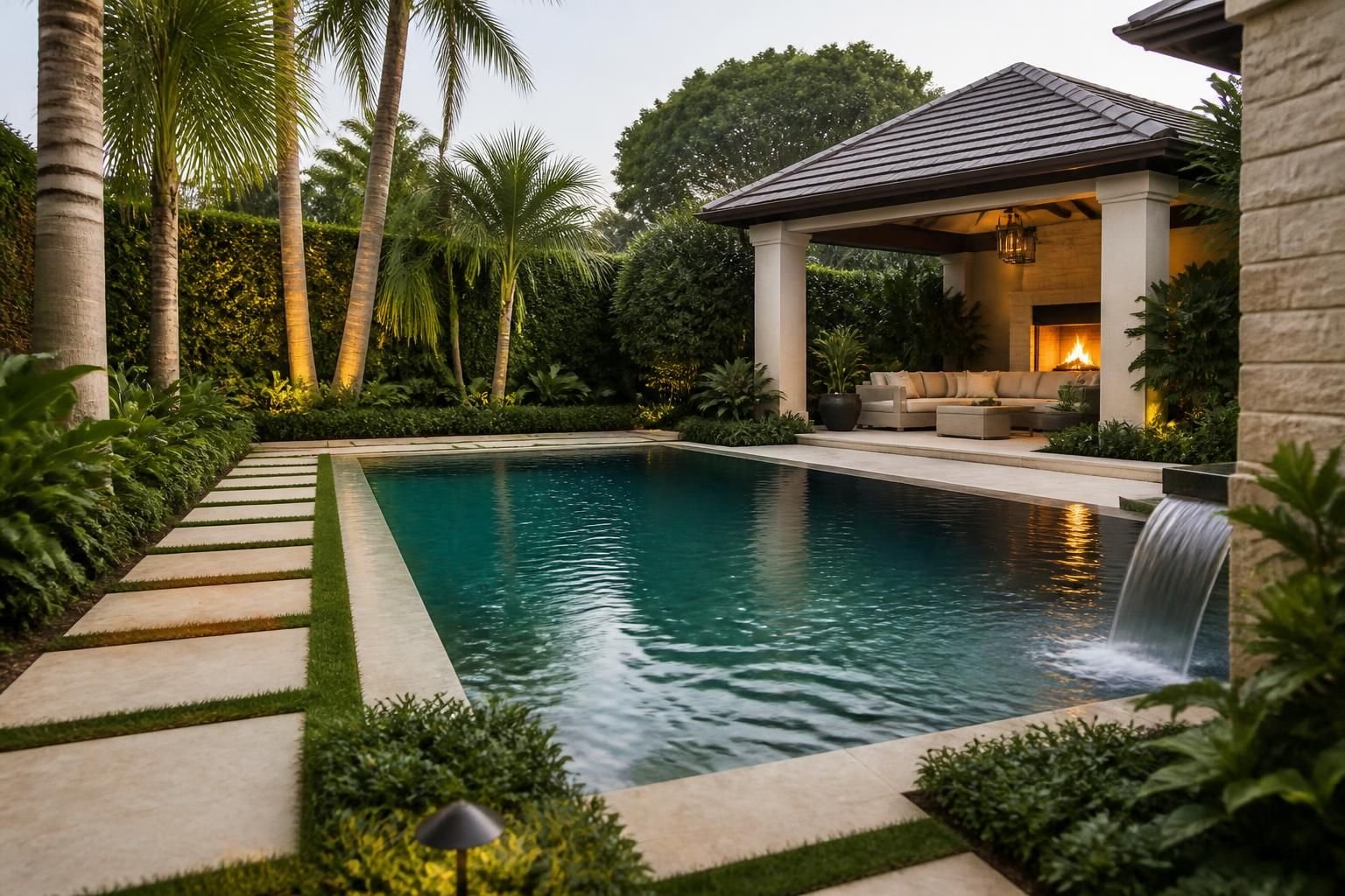 Custom pool integrated with refined landscape design and stone paths.