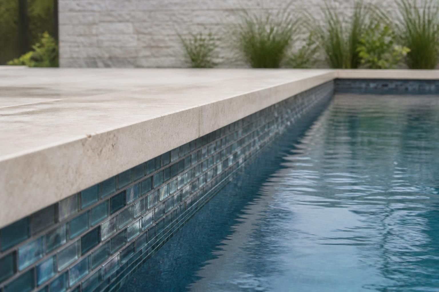 High-end pool materials beside a finished installation in natural light.