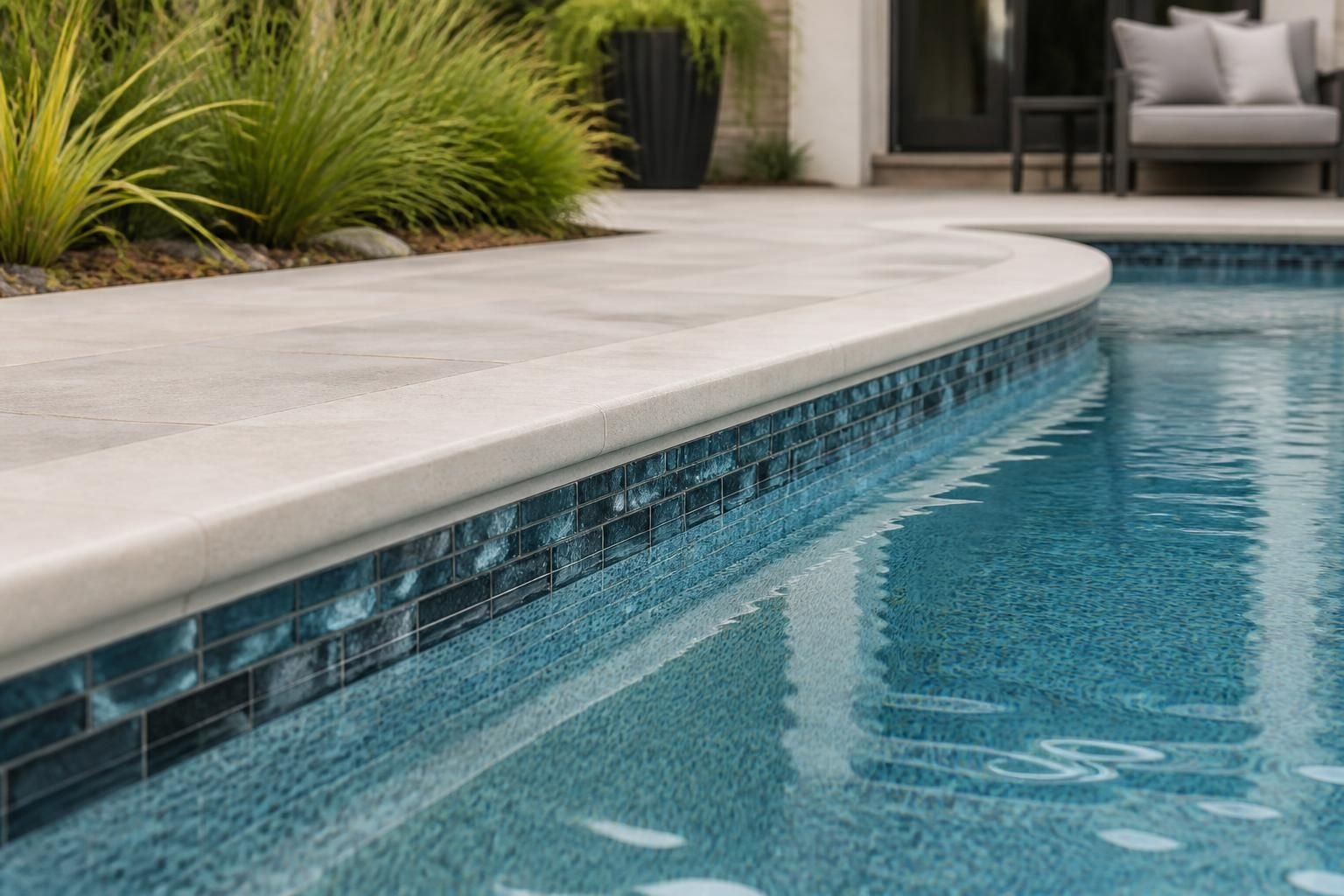 Remodeled pool with refreshed tile and modern updated finishes.