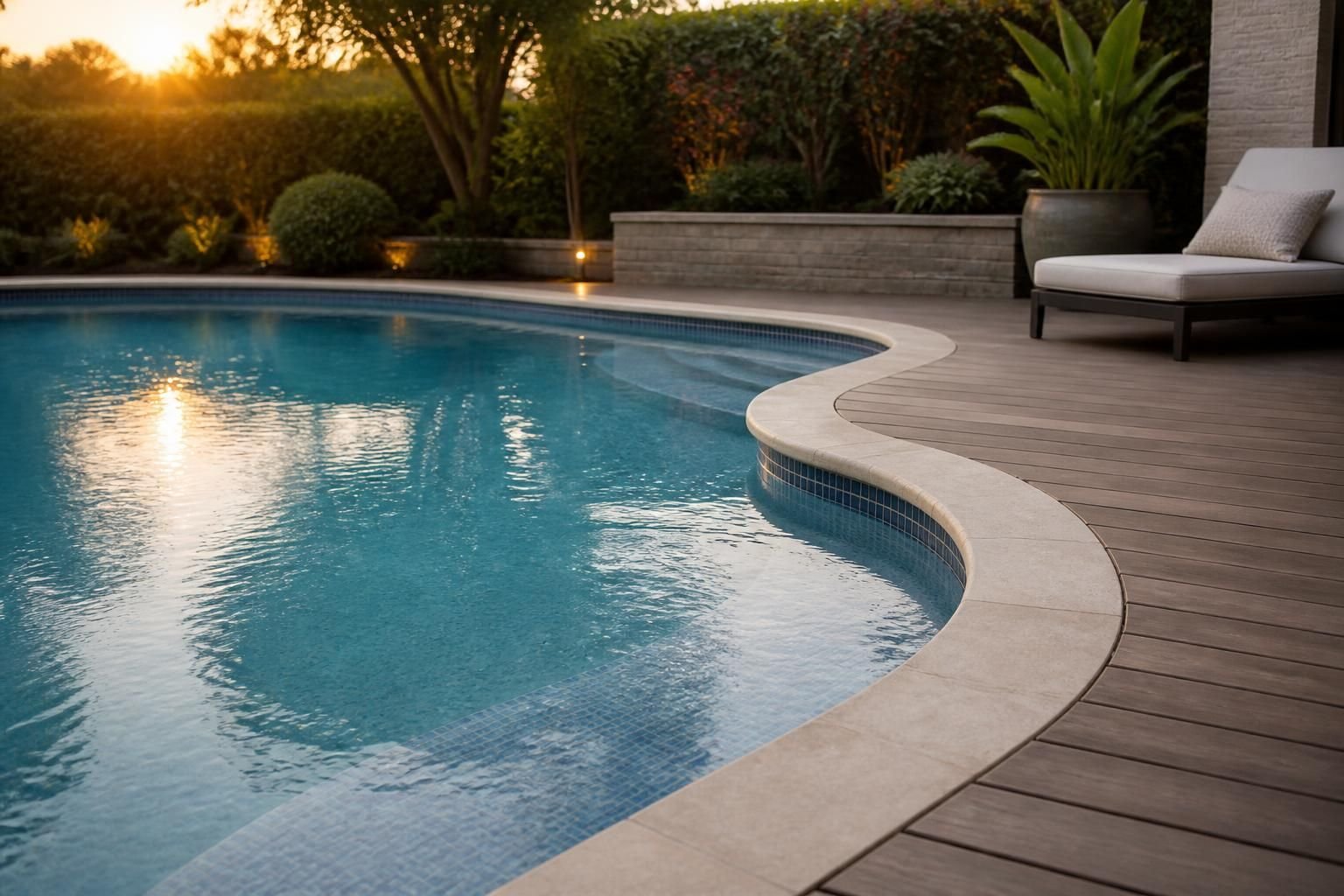 Renovated pool with renewed surfaces and updated decking.