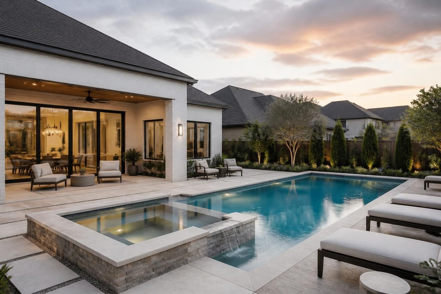 Sienna community with modern homes and a refined backyard pool courtyard.