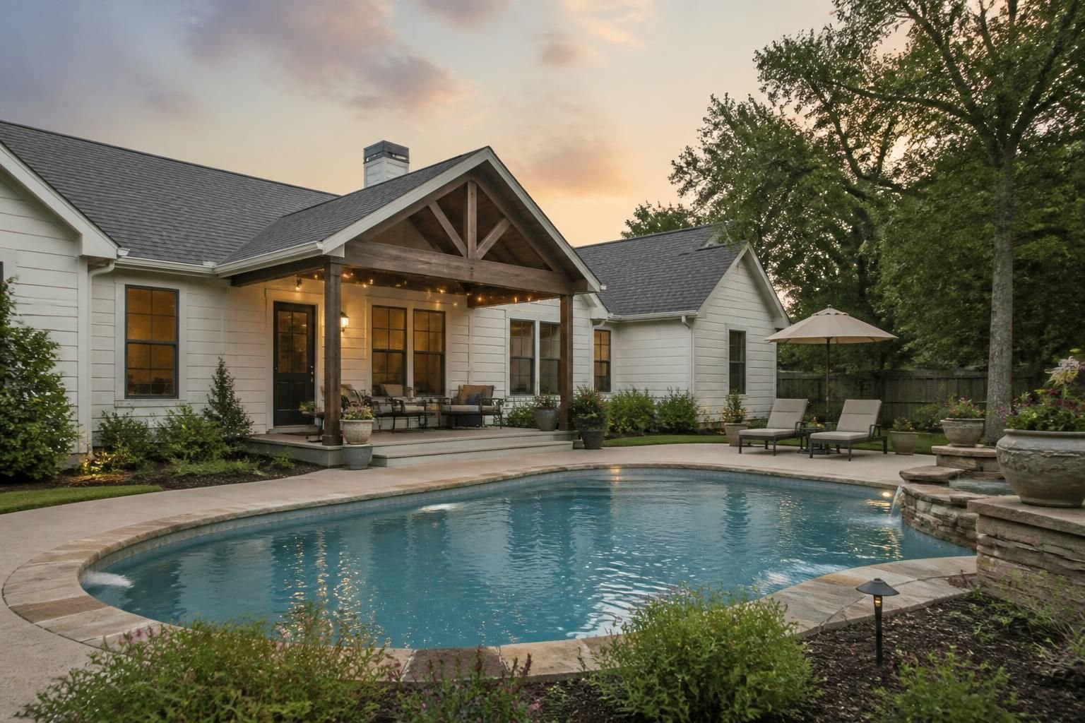 Wallis home exterior with a calm backyard pool setting.