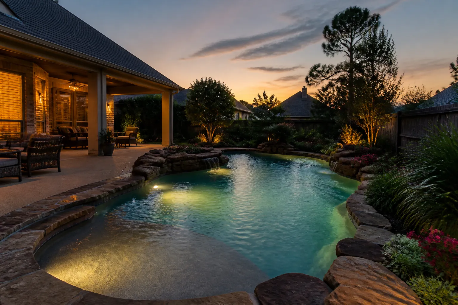 Fulshear Backyard Pool at Dusk